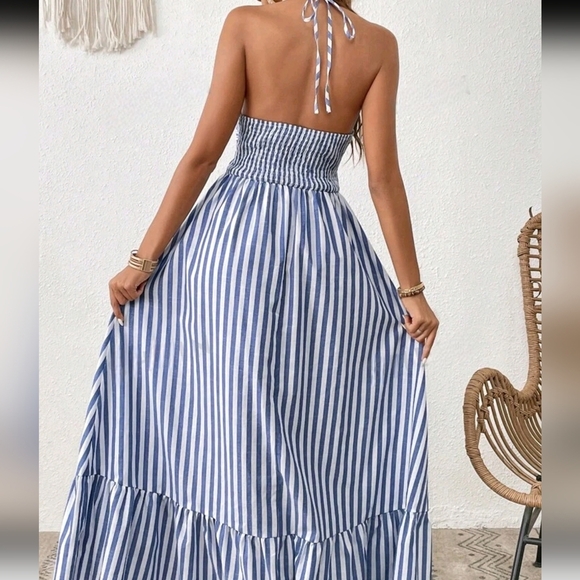 Women Vacation Striped Print Cut Out Ruffle Hem One Piece Summer Beach - Picture 2 of 4